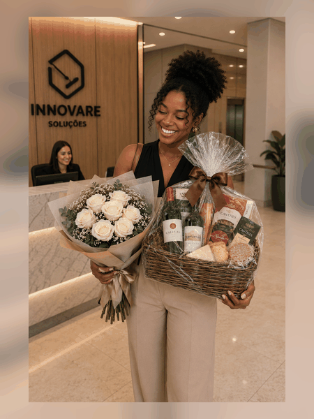 Cliente recebendo flores e cesta no trabalho