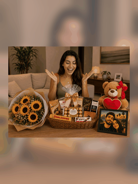 Cliente surpresa com presentes na mesa